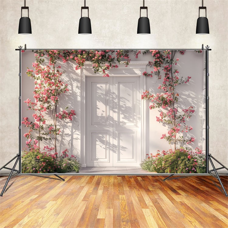 Spring Photo Backdrop Classic White Door Pink Rose Backdrop LXX2-40