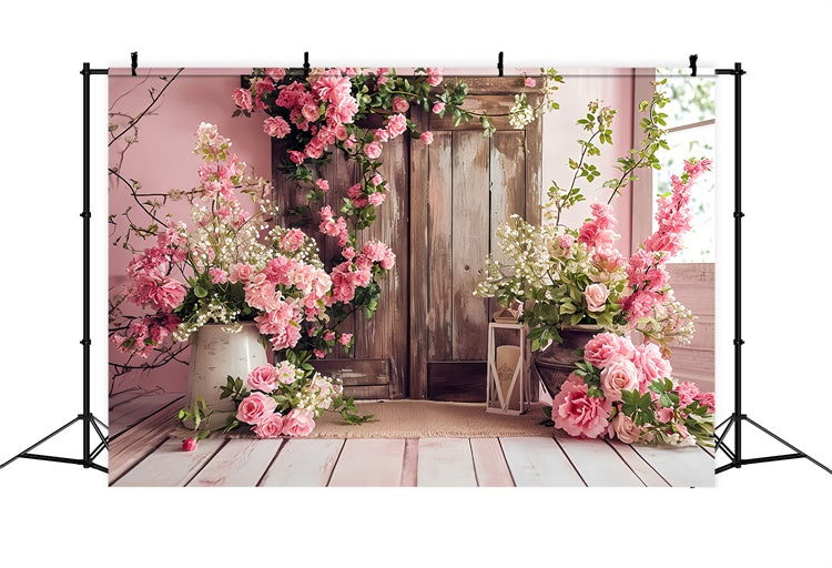 Spring Backdrop Vintage Pink Floral Wooden Door Backdrop LXX2-46