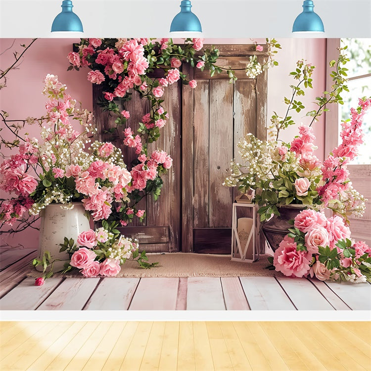 Spring Backdrop Vintage Pink Floral Wooden Door Backdrop LXX2-46