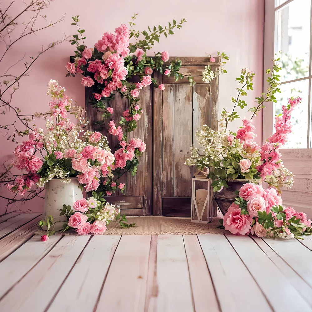 Spring Backdrop Vintage Pink Floral Wooden Door Backdrop LXX2-46