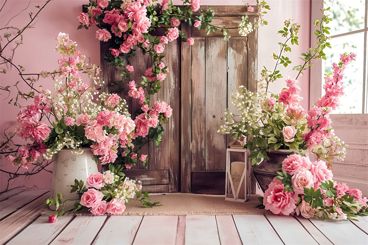 Spring Backdrop Vintage Pink Floral Wooden Door Backdrop LXX2-46