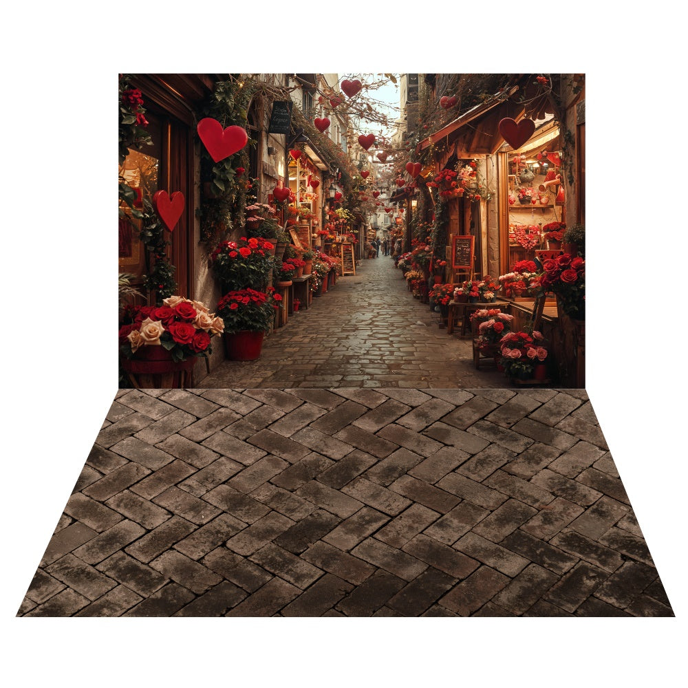 Romantic Valentine Street Backdrop+Vintage Brick Floor Backdrop LXX2-5