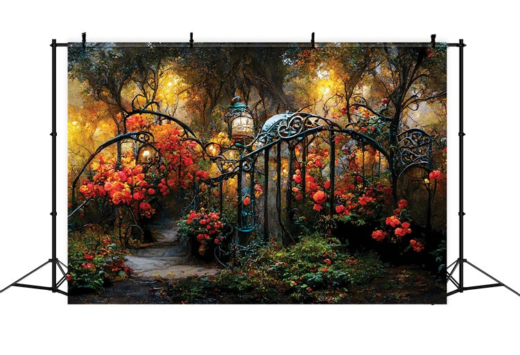 Flower Photo Backdrop Fall Garden Path Iron Gates Backdrop LXX2-53