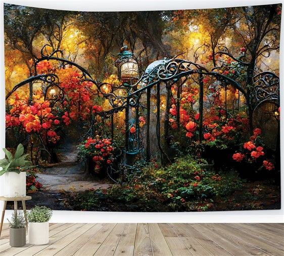 Flower Photo Backdrop Fall Garden Path Iron Gates Backdrop LXX2-53