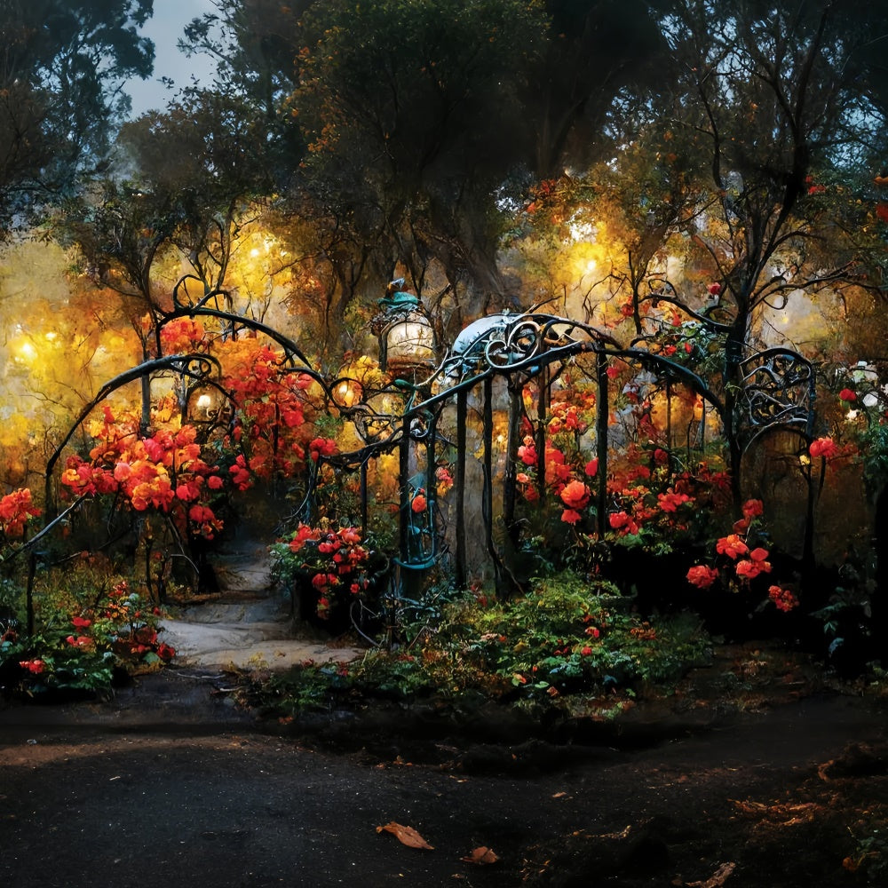 Flower Photo Backdrop Fall Garden Path Iron Gates Backdrop LXX2-53