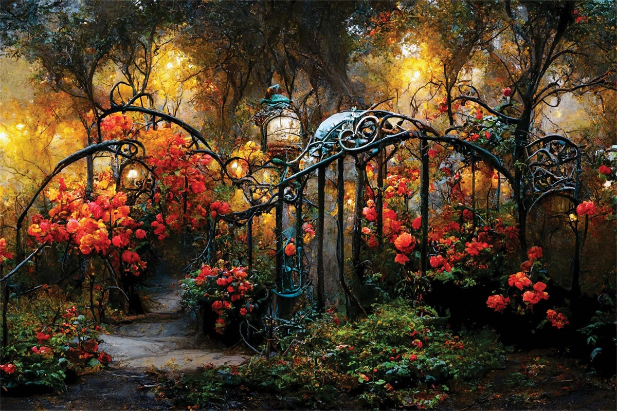 Flower Photo Backdrop Fall Garden Path Iron Gates Backdrop LXX2-53