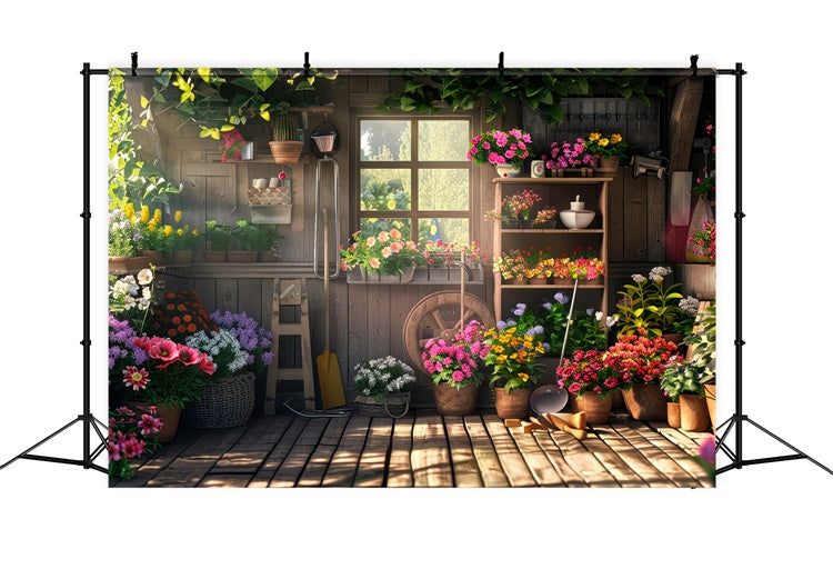 Backdrop Spring Wooden Flower Shed Blooming Plants Backdrop LXX2-54