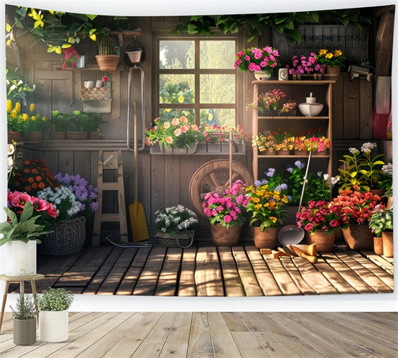 Backdrop Spring Wooden Flower Shed Blooming Plants Backdrop LXX2-54