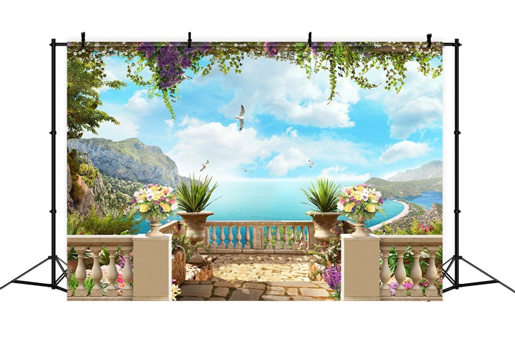 Spring Floral Backdrop Floral Terrace Beach View Backdrop LXX2-66