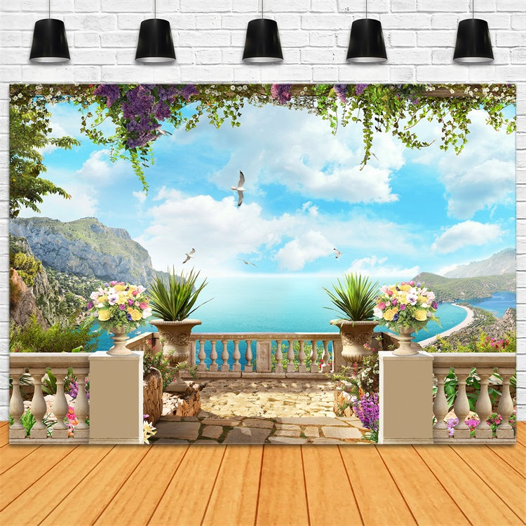 Spring Floral Backdrop Floral Terrace Beach View Backdrop LXX2-66