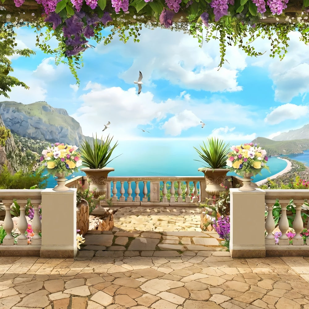 Spring Floral Backdrop Floral Terrace Beach View Backdrop LXX2-66