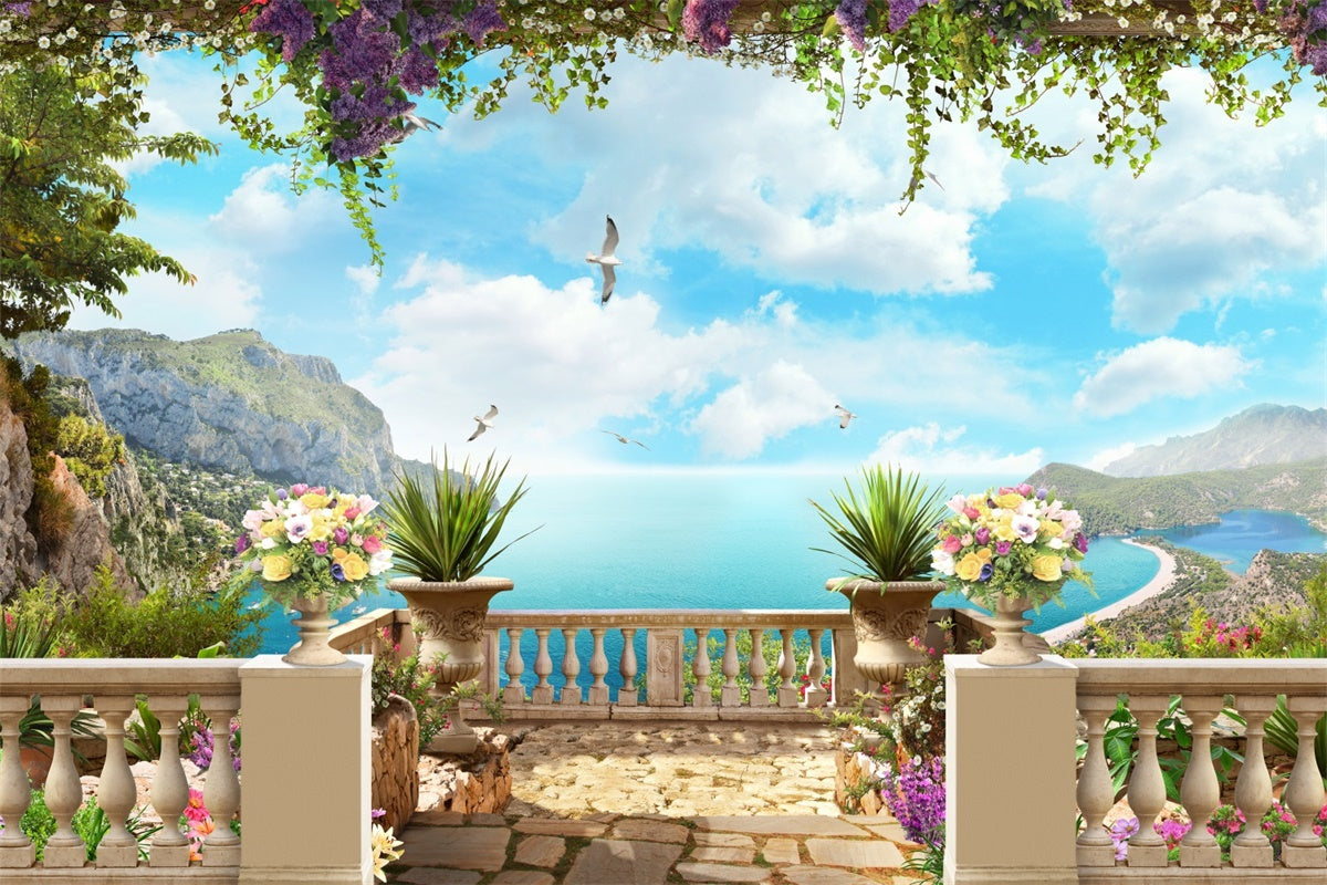 Spring Floral Backdrop Floral Terrace Beach View Backdrop LXX2-66