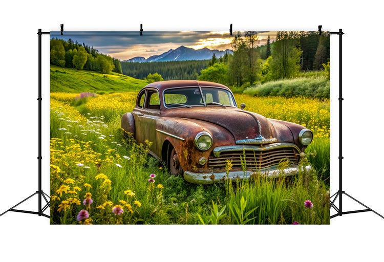 Spring Photo Backdrop Vintage Car Lush Meadow Backdrop LXX2-68