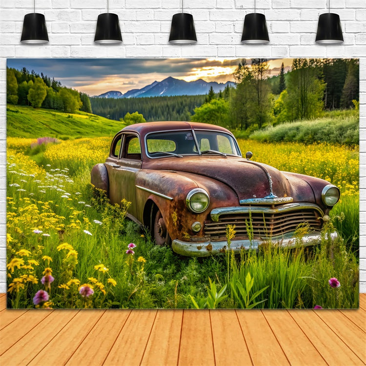 Spring Photo Backdrop Vintage Car Lush Meadow Backdrop LXX2-68