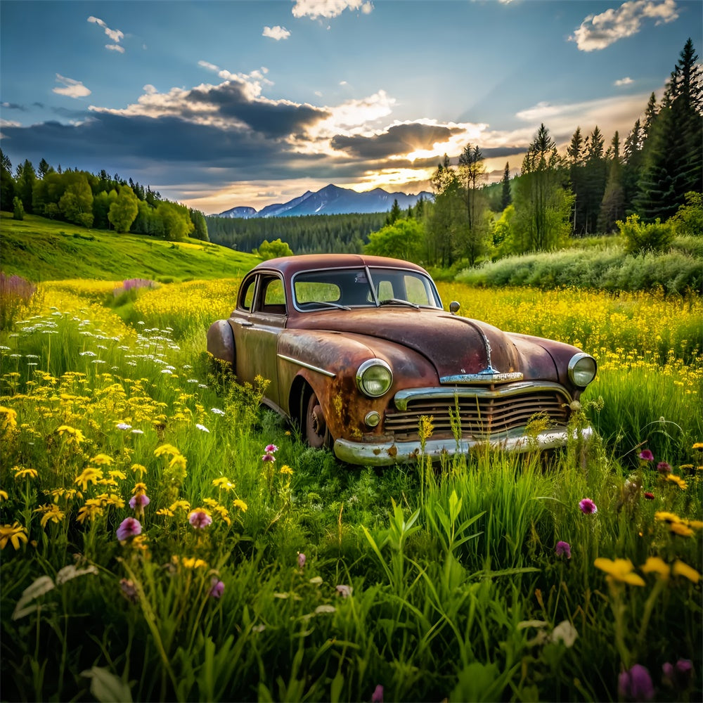 Spring Photo Backdrop Vintage Car Lush Meadow Backdrop LXX2-68