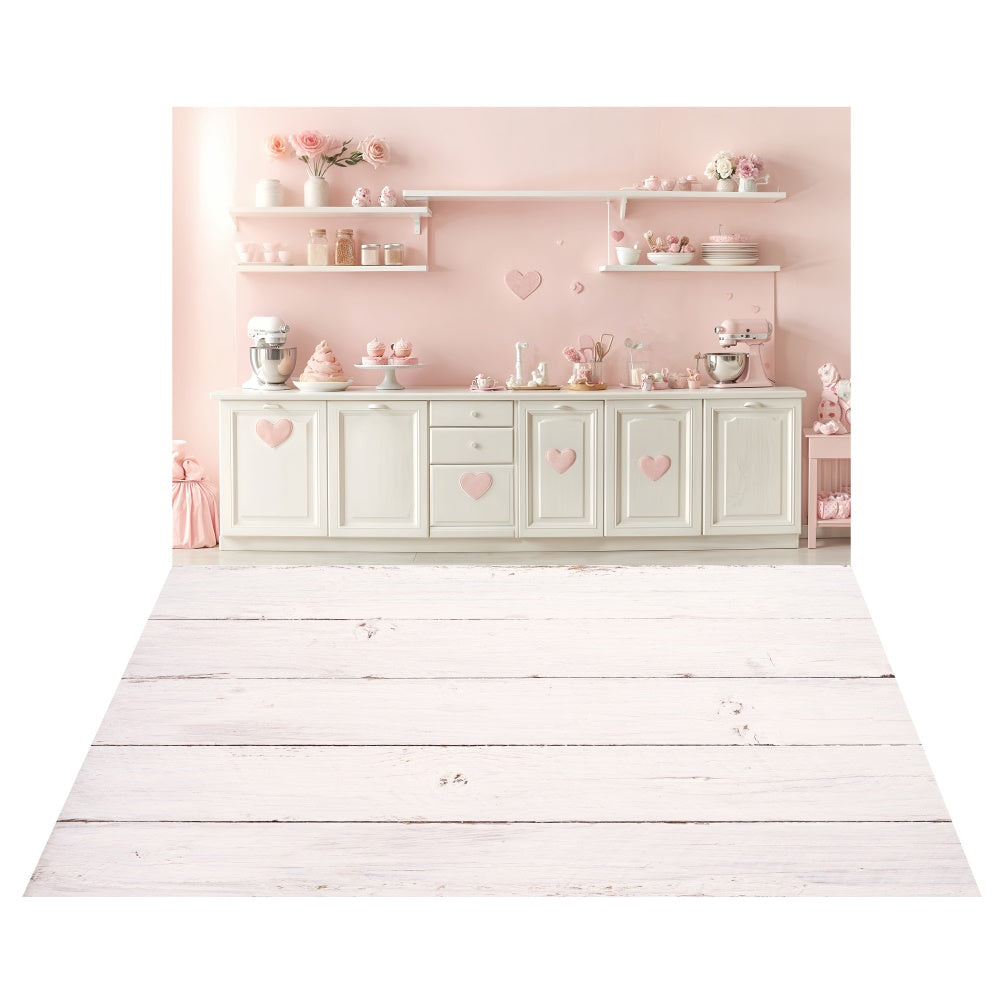 Sweetheart Valentine Kitchen Backdrop+White Wood Floor Backdrop LXX2-7