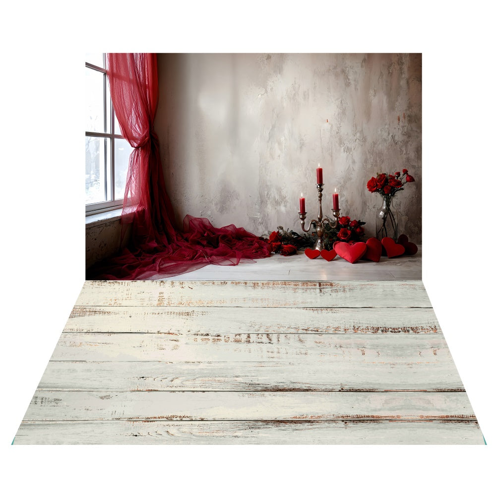 Valentine's Day Red Curtain Backdrop+White Wood Floor Backdrop LXX2-9