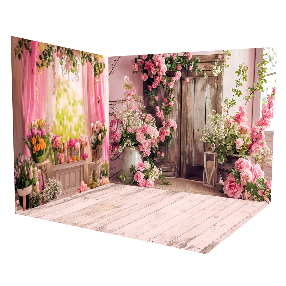 Pink Floral Wooden Door Backdrop Room Set LXX3-13