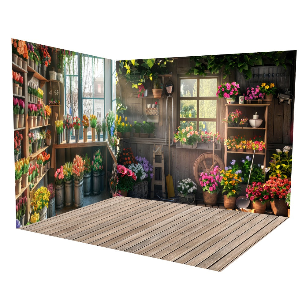 Spring Rustic Flower Shop Wooden Backdrop Room Set LXX3-6