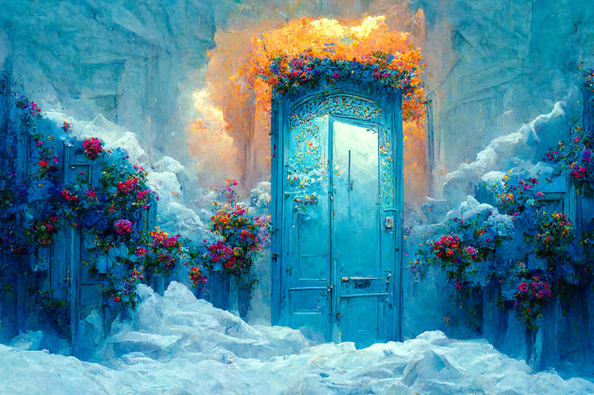 Vintage Door Flowers Oil Painting Backdrop