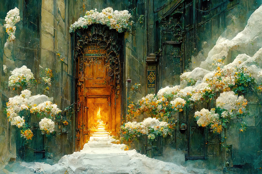 Ethereal Summer Flowers Carved Door Backdrop