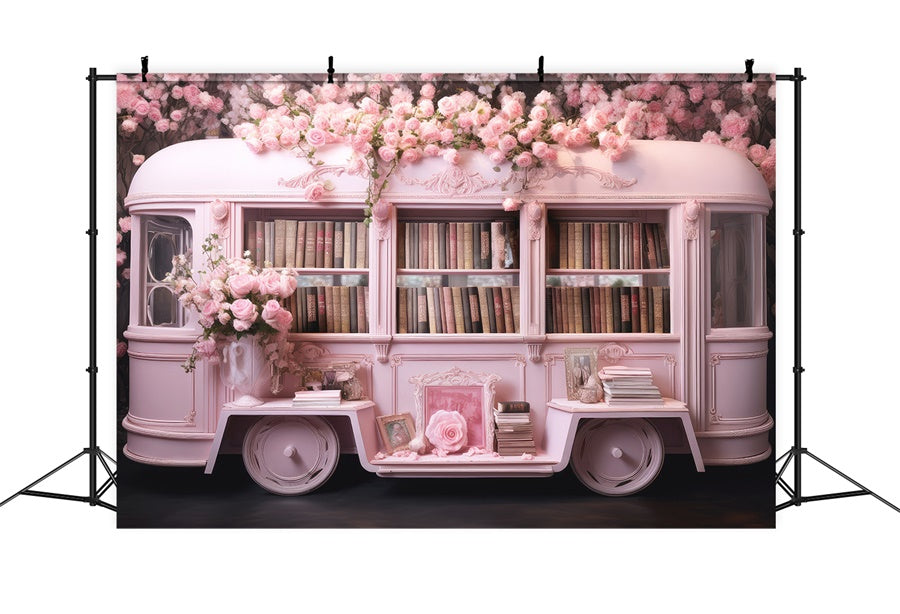 Pink Flower Cart Mobile Library Backdrop M1-06