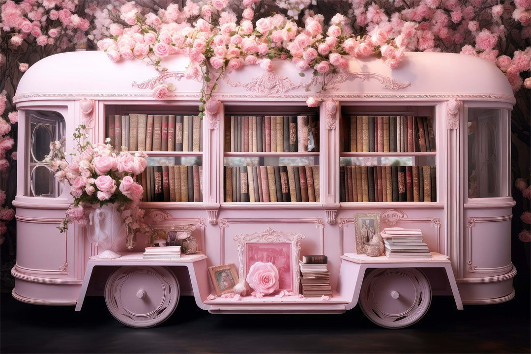 Pink Flower Cart Mobile Library Backdrop M1-06