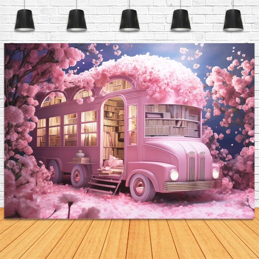 Flowers Surrounding Book-Filled Pink School Bus Backdrops M1-07