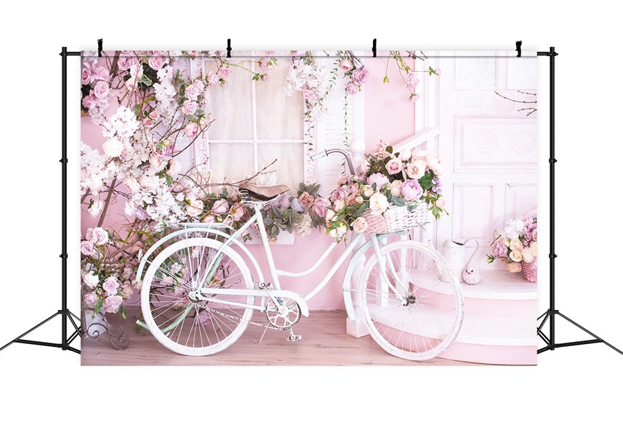 Pink Wall Filled With Flowers White Bicycle Backdrop M1-08