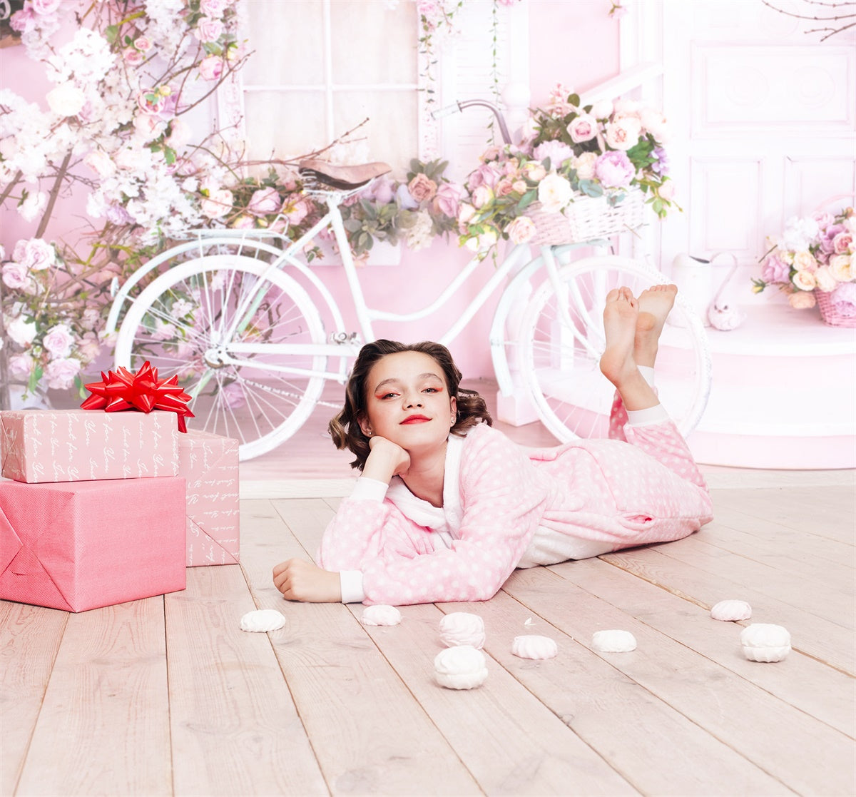 Pink Wall Filled With Flowers White Bicycle Backdrop M1-08