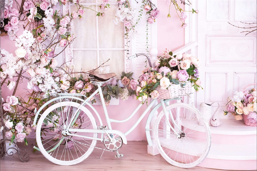 Pink Wall Filled With Flowers White Bicycle Backdrop M1-08