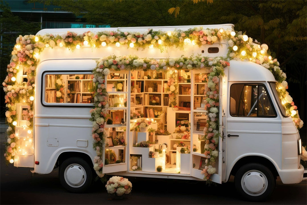 Floral Lighting Filled Books Bus Backdrop M1-10