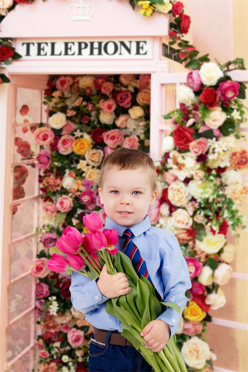 Romantic Pink Phone Booth Filled With Flowers Backdrop M1-13