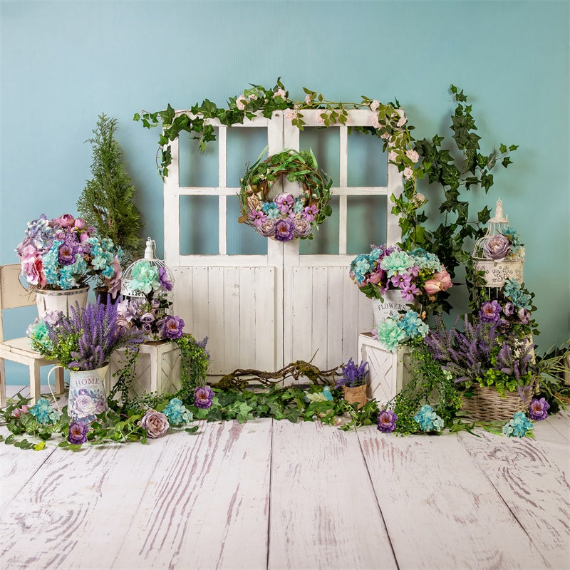 Spring Flower Wreath Wooden Door Fresh Backdrop M1-21