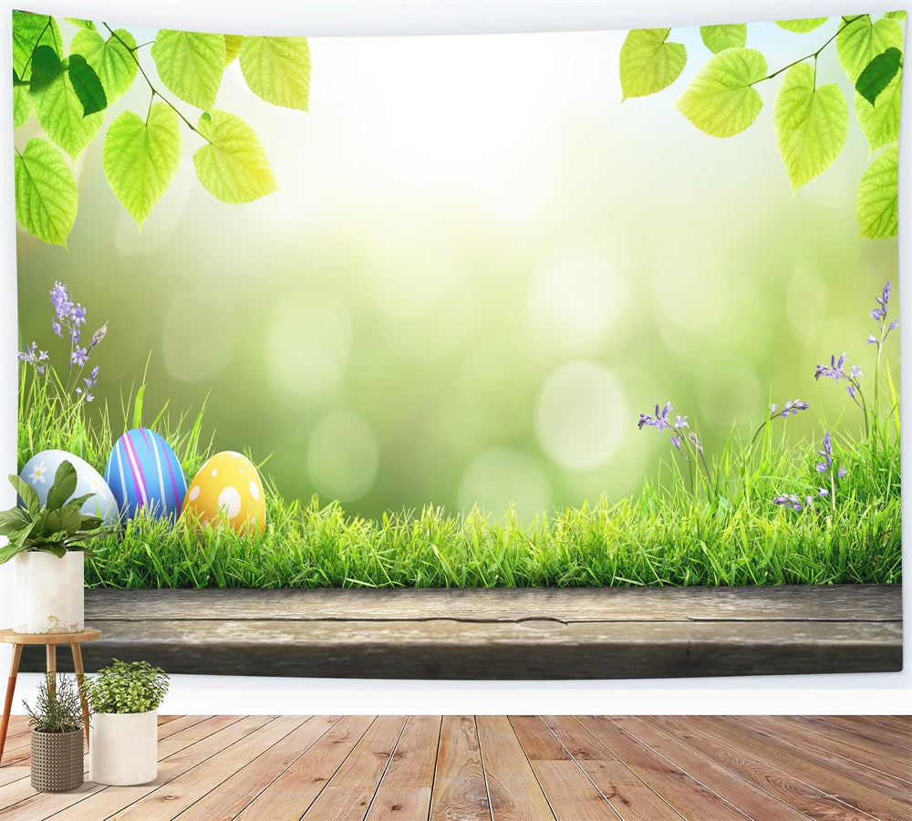 Easter Eggs Sunshine Green Leafy Lawn Backdrop M1-35