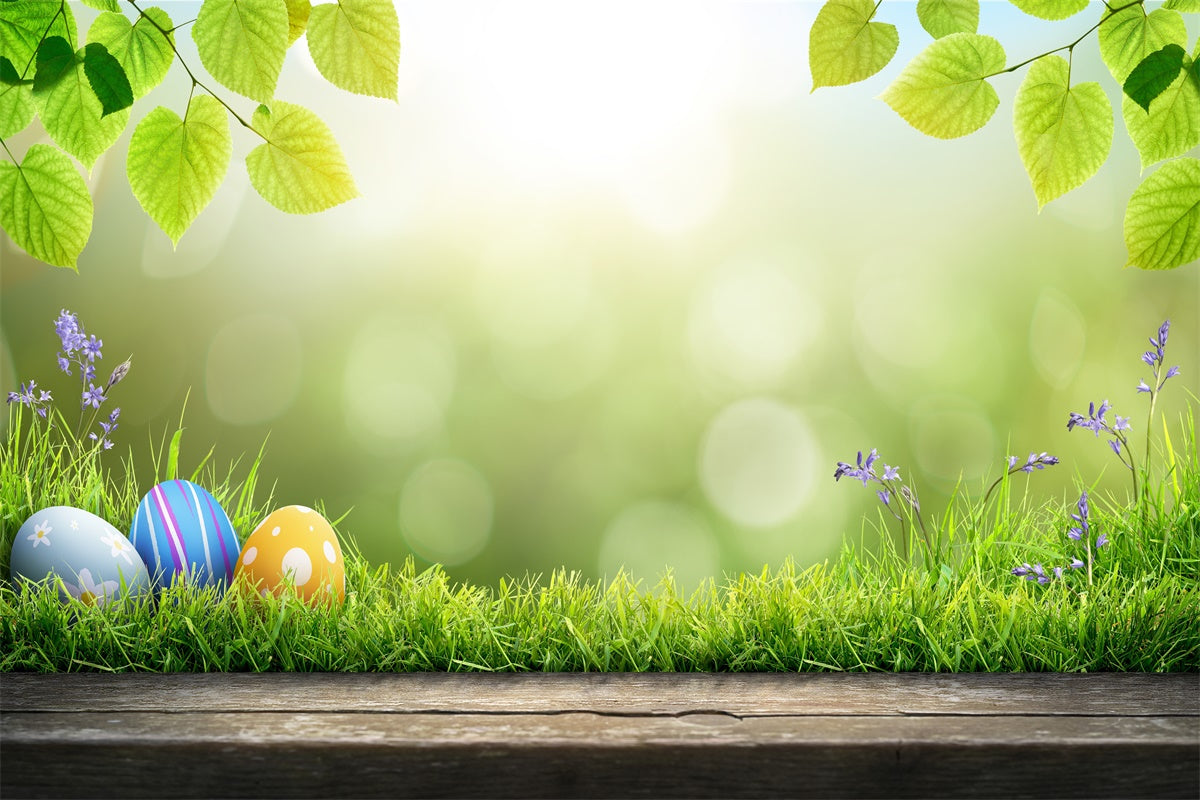 Easter Eggs Sunshine Green Leafy Lawn Backdrop M1-35