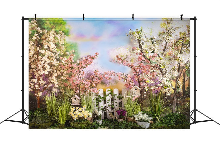 Spring Rainbow Color Cloud Cherry Blossom White Fence Backdrop M1-40