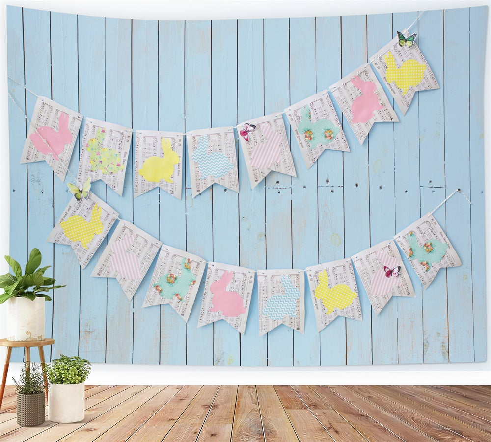 Easter Blue Boardwalk Wall Note Bunny Flags Backdrop M1-46