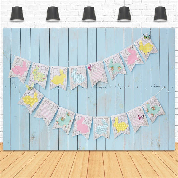 Easter Blue Boardwalk Wall Note Bunny Flags Backdrop M1-46