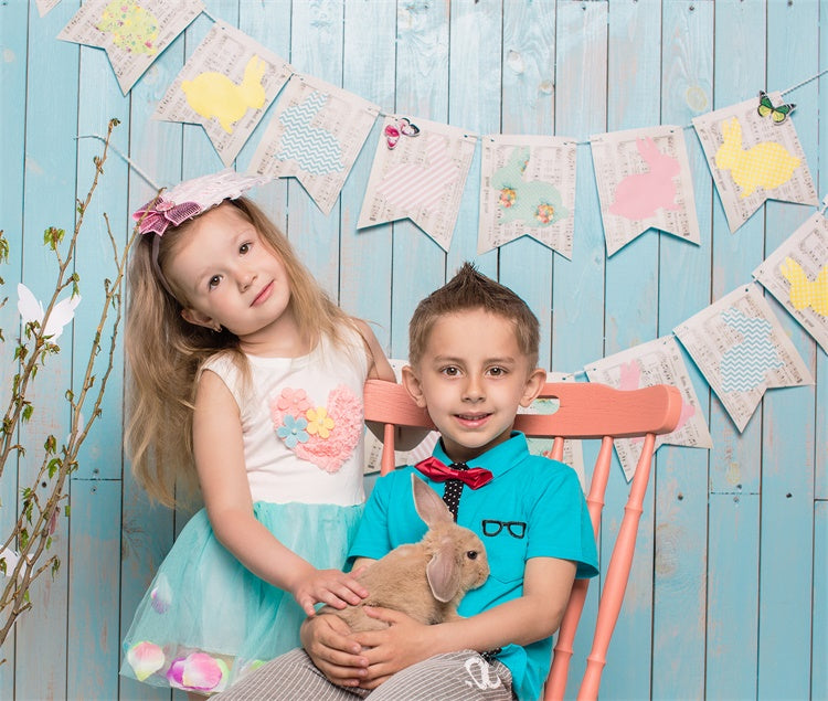 Easter Blue Boardwalk Wall Note Bunny Flags Backdrop M1-46