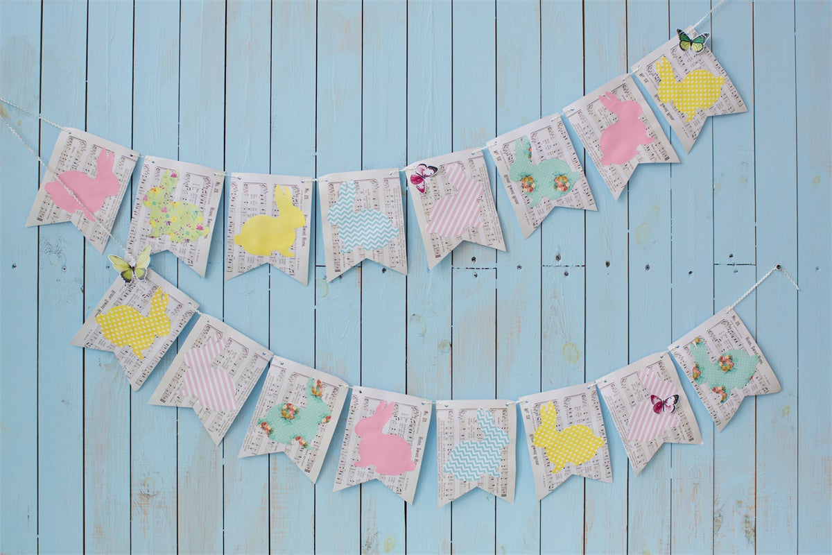 Easter Blue Boardwalk Wall Note Bunny Flags Backdrop M1-46