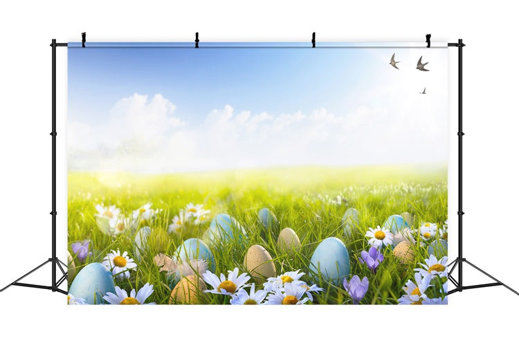 Easter Blue Sky White Clouds Swallow Eggs Green Grass Backdrop M1-57