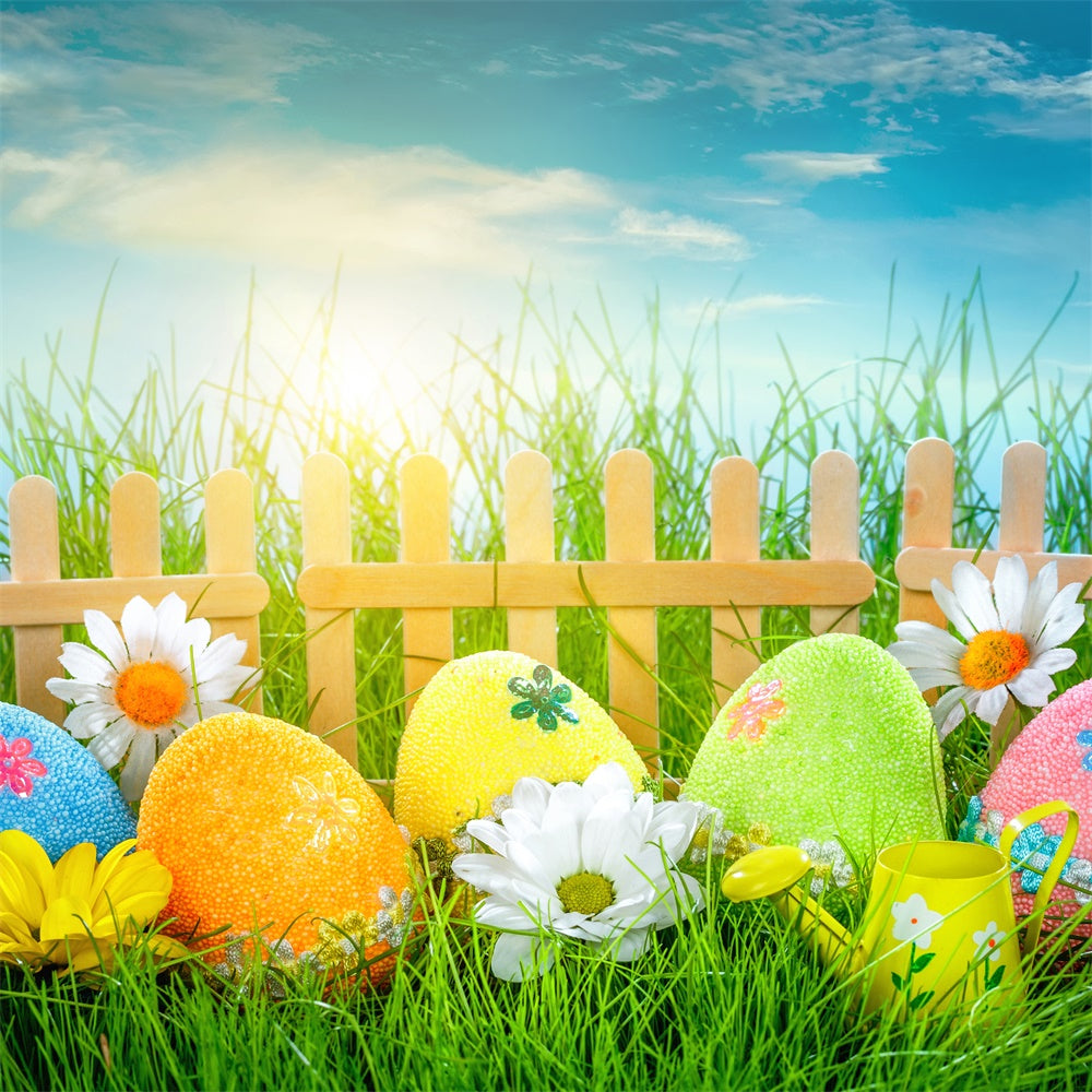 Easter Daisy Egg Fence Grassy Sky Backdrop M1-58