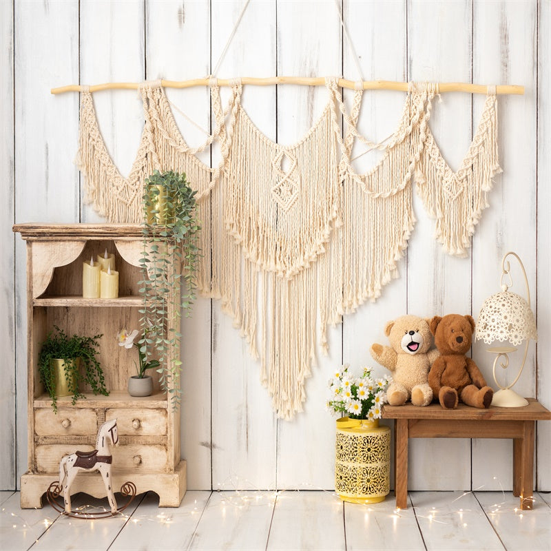 Bohemian Style Wooden Plank Trojan Horse Teddy Bear Toy Backdrop M1-74