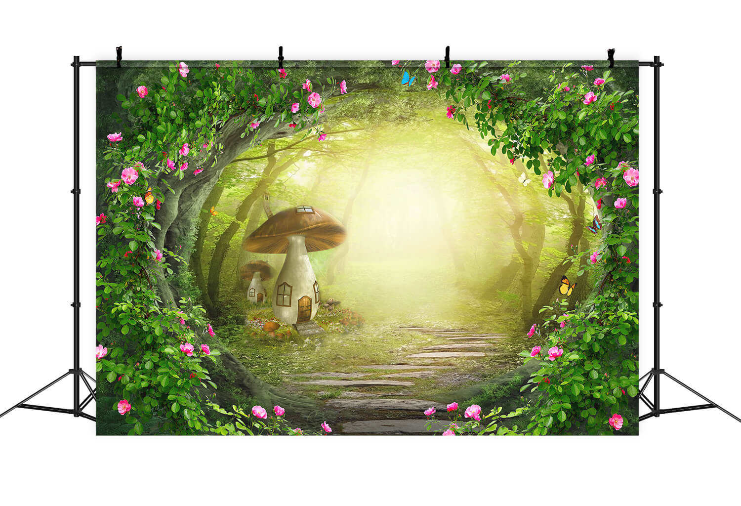 Fairytale Cartoon Flowers Butterflies Surrounding Forest Mushroom House Backdrop M1-78