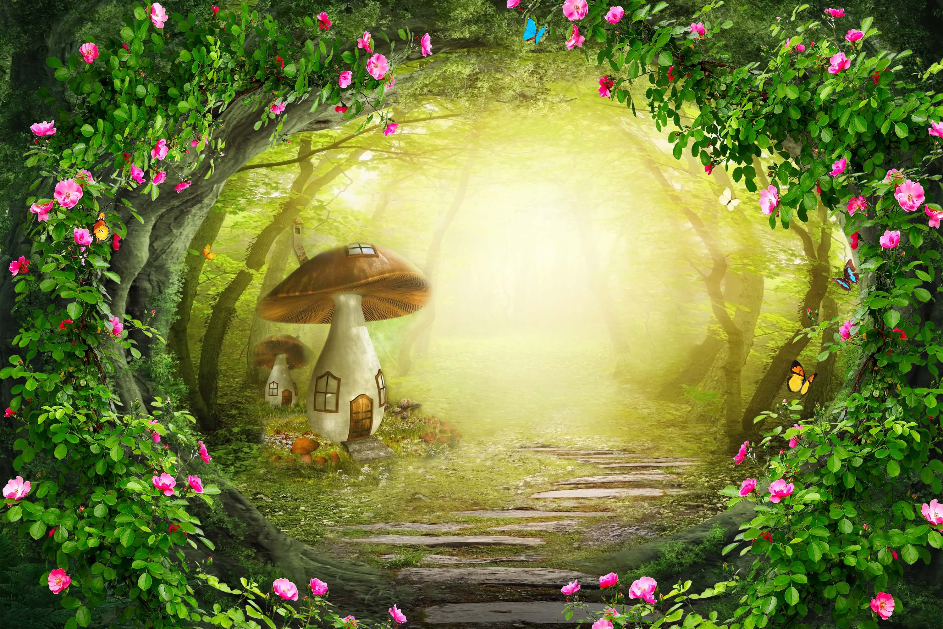 Fairytale Cartoon Flowers Butterflies Surrounding Forest Mushroom House Backdrop M1-78