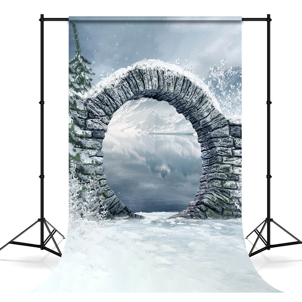 Winter Snow Mountain Lake Stone Arch Backdrop M11-49