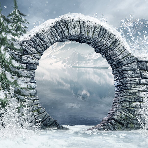 Winter Snow Mountain Lake Stone Arch Backdrop M11-49