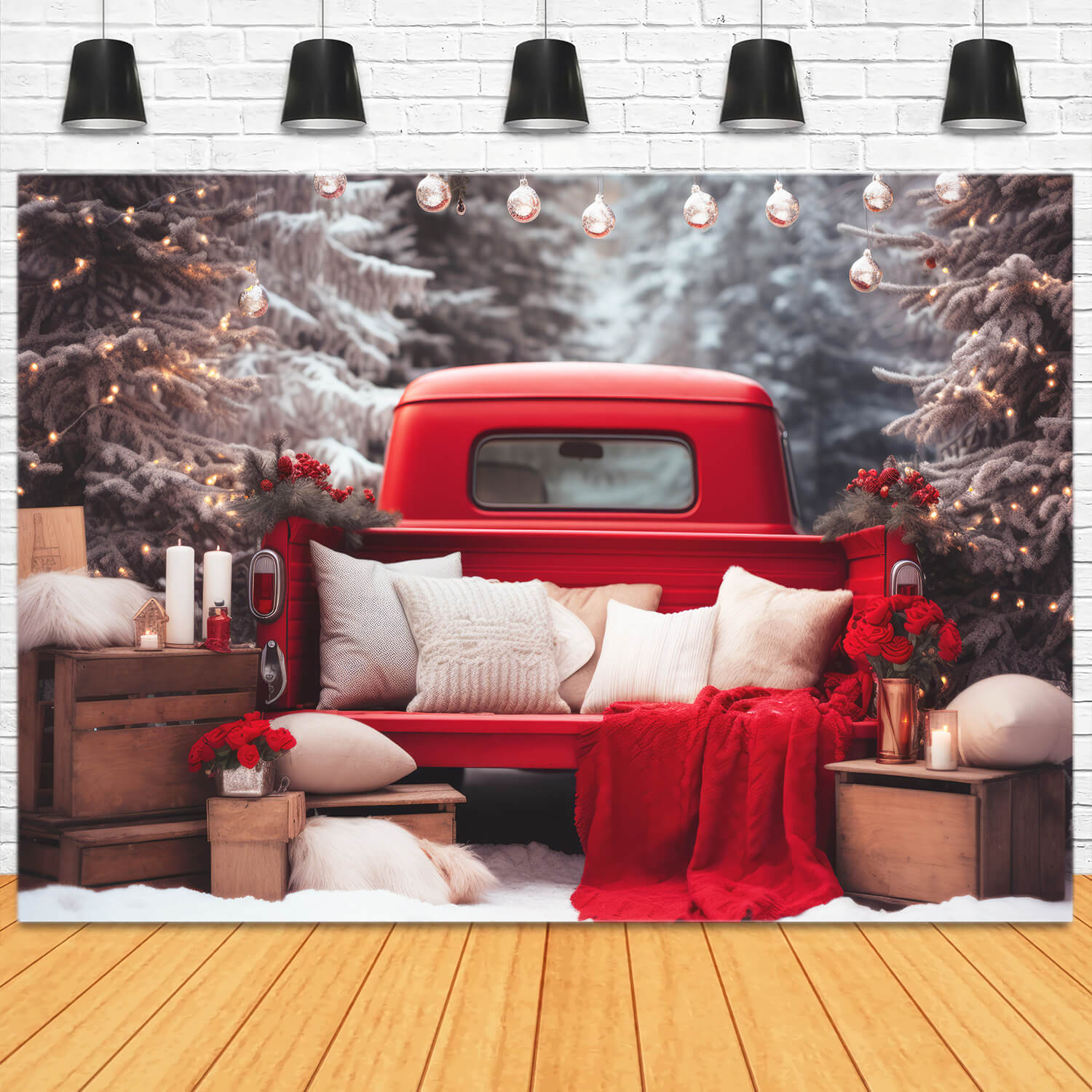 Vintage Christmas Red Car Snowy Forest Backdrop M11-57