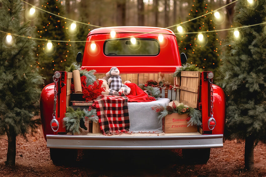 Santa's Christmas Tree Farm Red Truck Backdrop